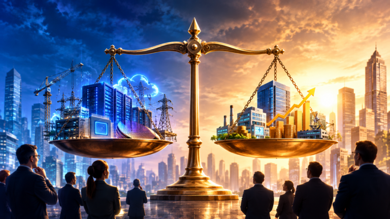 Editorial illustration showing a balance scale weighing AI infrastructure investments against business performance, symbolizing investors demanding measurable returns from AI spending.