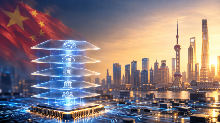Editorial illustration showing an AI semiconductor chip, layered AI ecosystem architecture, and the Shanghai skyline, representing China's investment in artificial intelligence infrastructure, semiconductor manufacturing, and enterprise AI deployment.