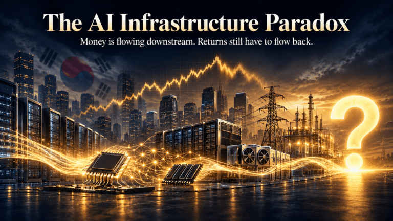 Conceptual illustration of AI infrastructure investment showing data centers, AI processors, memory chips, financial markets, and capital flowing through the AI supply chain, symbolizing the economic challenge of generating returns on massive AI investments.