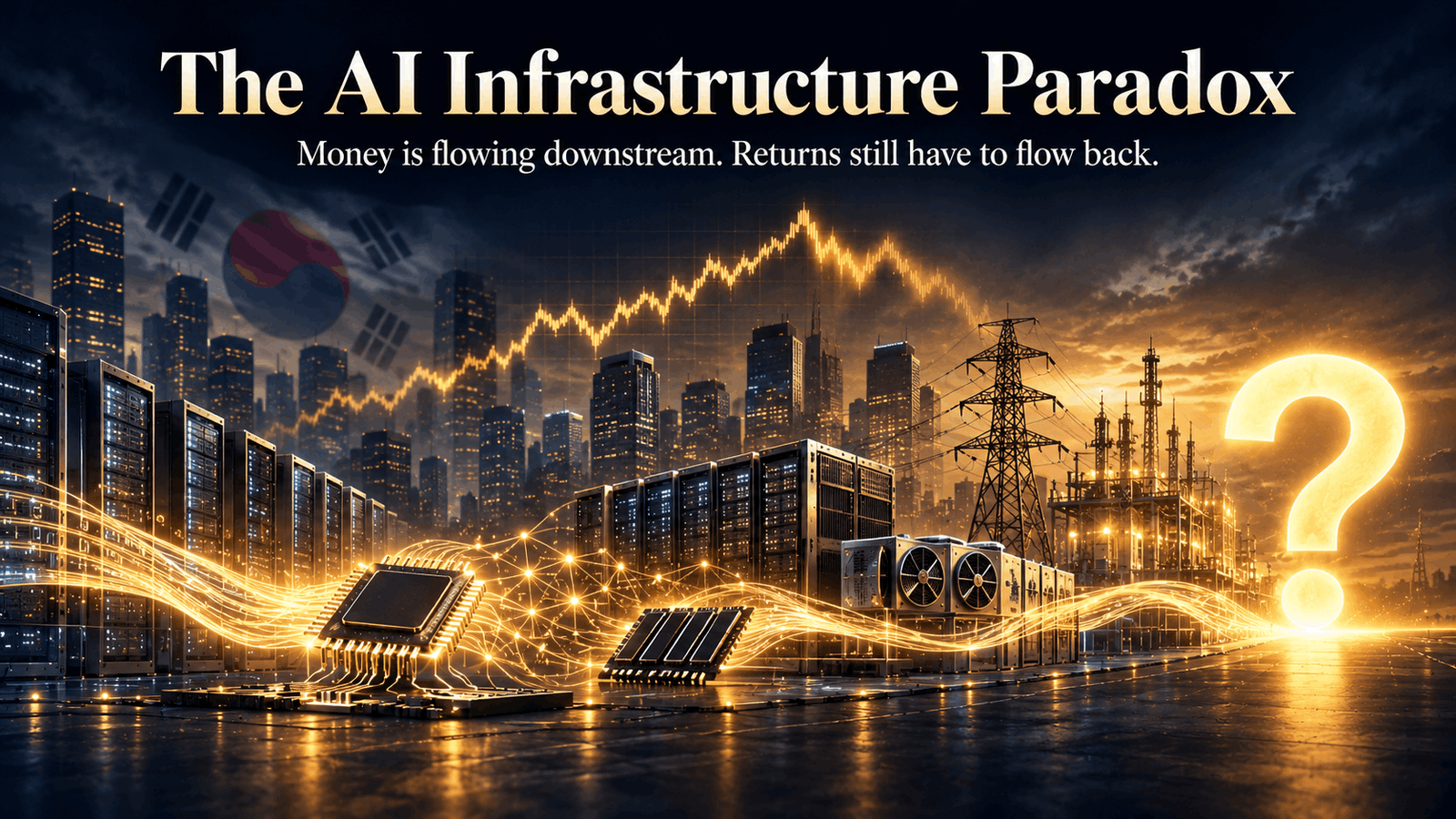 Conceptual illustration of AI infrastructure investment showing data centers, AI processors, memory chips, financial markets, and capital flowing through the AI supply chain, symbolizing the economic challenge of generating returns on massive AI investments.