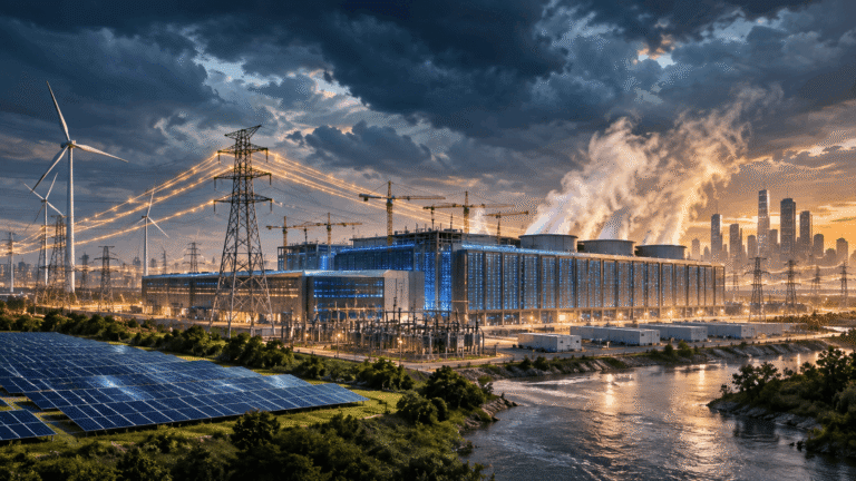 A hyperscale AI data centre surrounded by electrical substations, transmission lines, cooling towers, solar panels and wind turbines, illustrating the energy and infrastructure required to power artificial intelligence.