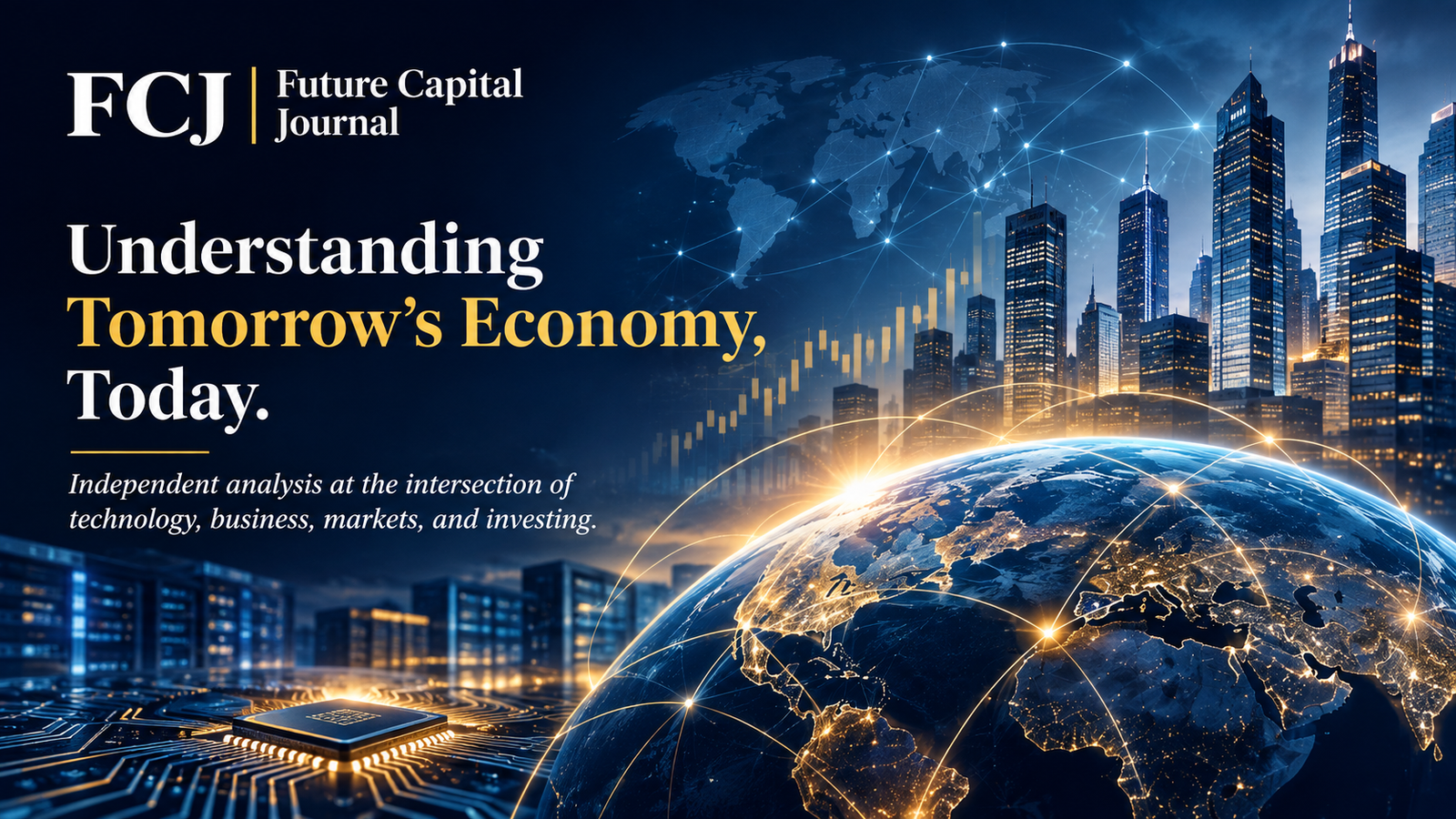 Editorial illustration representing Future Capital Journal's mission, featuring a connected globe, financial district skyline, semiconductor technology, and digital networks symbolizing the intersection of technology, business, markets, and investing.