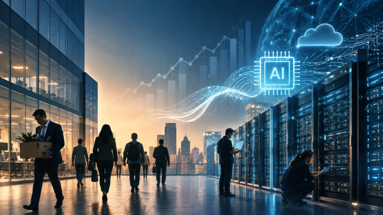 Editorial illustration showing employees leaving a modern corporate office while engineers work inside an AI data center connected by digital infrastructure and financial graphics, representing the shift of investment and talent toward artificial intelligence.
