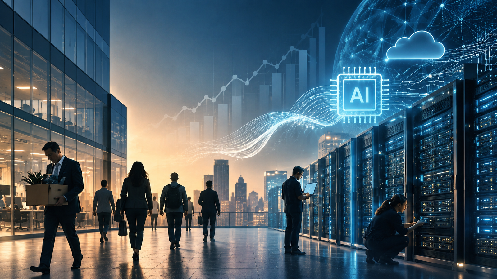 Editorial illustration showing employees leaving a modern corporate office while engineers work inside an AI data center connected by digital infrastructure and financial graphics, representing the shift of investment and talent toward artificial intelligence.