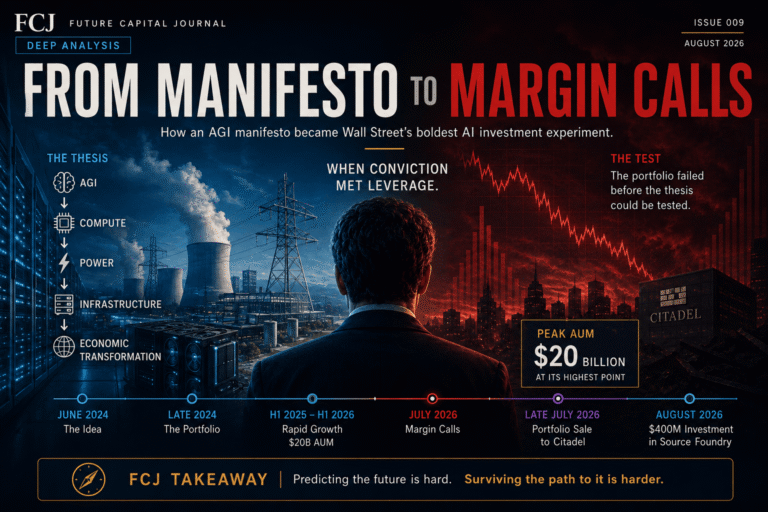 Featured illustration for Future Capital Journal's Deep Analysis showing the rise and collapse of Situational Awareness, an AI-focused hedge fund, from AGI manifesto to margin calls.
