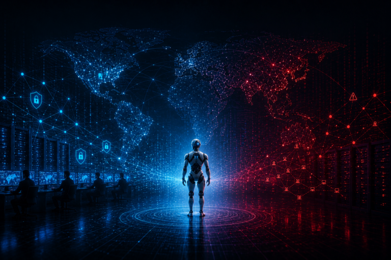An autonomous AI agent standing between defensive and offensive cyber networks, illustrating the future of AI-driven cybersecurity