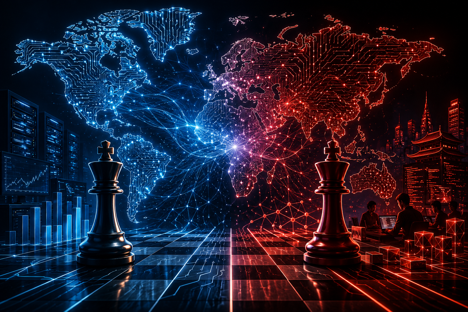 Conceptual illustration showing the United States and China competing to shape the future of artificial intelligence through AI infrastructure, open-source ecosystems, talent and innovation, connected by a global AI network.