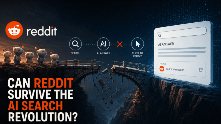 Reddit community facing a broken bridge to AI search, illustrating how AI-generated answers could disrupt Reddit’s search traffic.