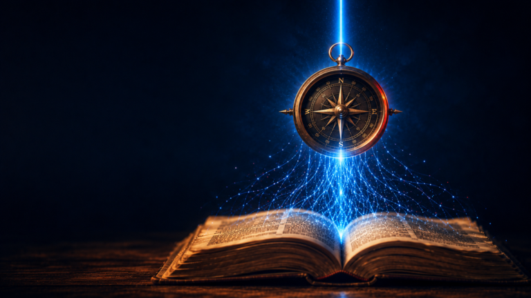 An open academic book emitting blue streams of digital information that converge into a brass compass, symbolising human judgement filtering AI-generated information into trustworthy knowledge.